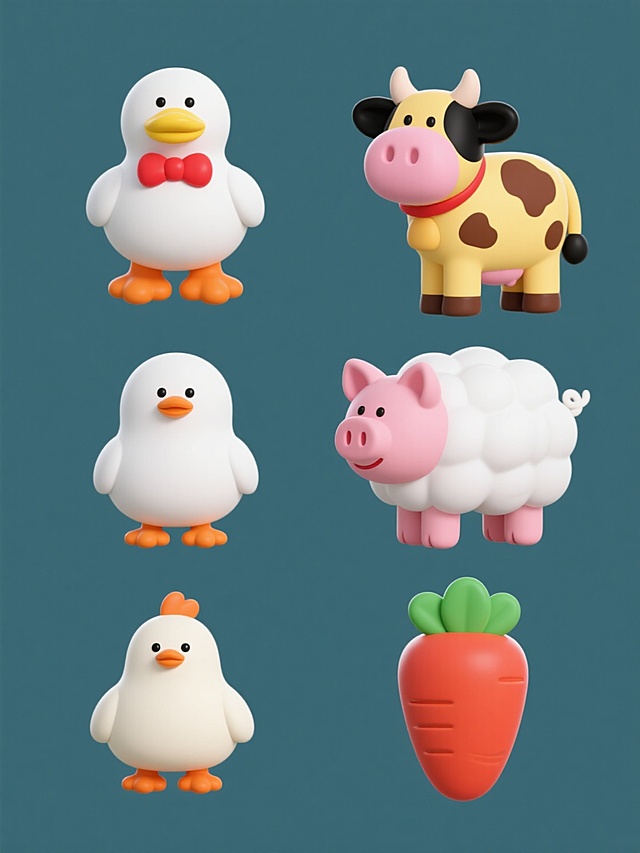 一系列6个完全不同造型的农场元素，每个元素都保持圆润立体风格，包括站立的白色鸭子（黄色嘴巴和橙色脚蹼）、戴着红色蝴蝶结的粉色小猪、背着棕色斑点的黄色奶牛、黑色耳朵粉色鼻子的白色绵羊、橙色嘴巴白色身体的小鸡、绿色叶子红色果实的胡萝卜，所有元素均以纯色背景呈现，规整地排列成一行或两行。