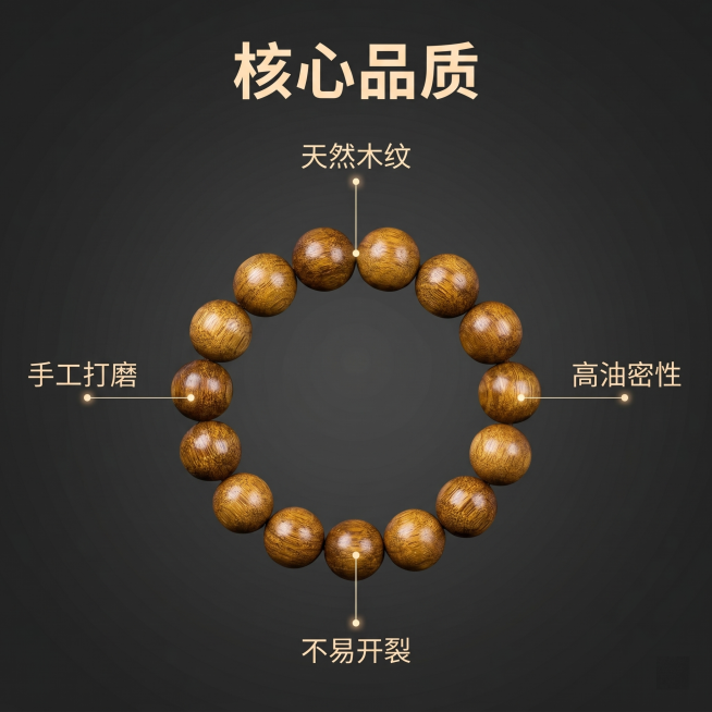 [主图 2] 金丝楠木手串核心亮点展示
[氛围风格] 专业理性产品展示风格
[画质] 商业摄影质感，产品细节清晰锐利
[元素] 金丝楠木手串为中心，四周使用极细引线连接各个卖点说明，每个引线末端配小光预览效果