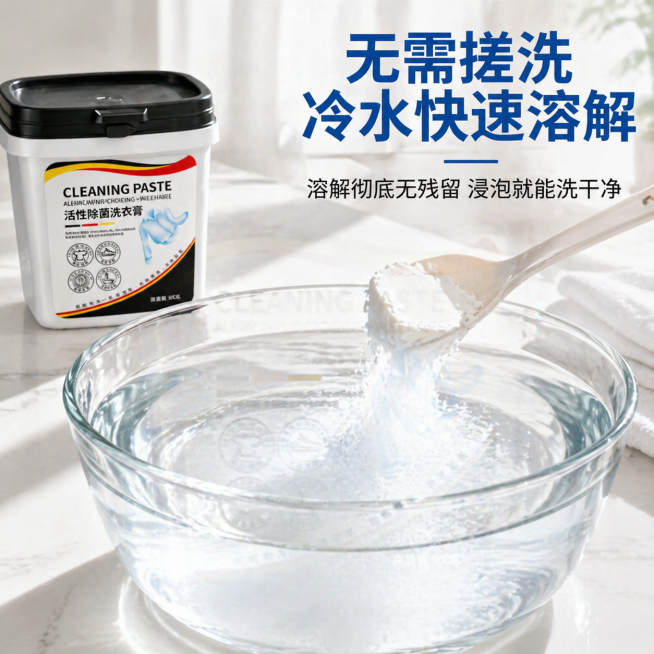 [主图 4] 无需费力搓洗冷水速溶实景图，真实生活化场景。商业摄影质感，光线柔和通透，产品清晰真实，画面干净高级。保持产品外观与输入产品图绝对一致，杜绝任何变形和色差，精细化处理。画面展示：玻璃盆盛干预览效果