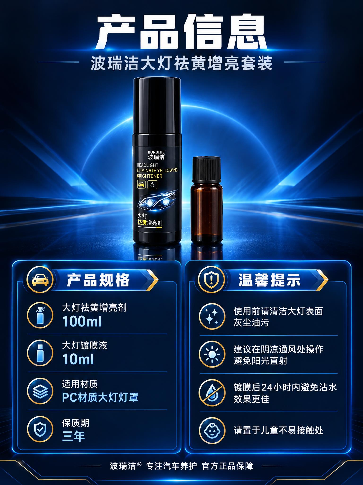 [商品] 使用波瑞洁大灯祛黄增亮剂套装；保留黑色喷雾瓶和棕色小… - 图片创意预览