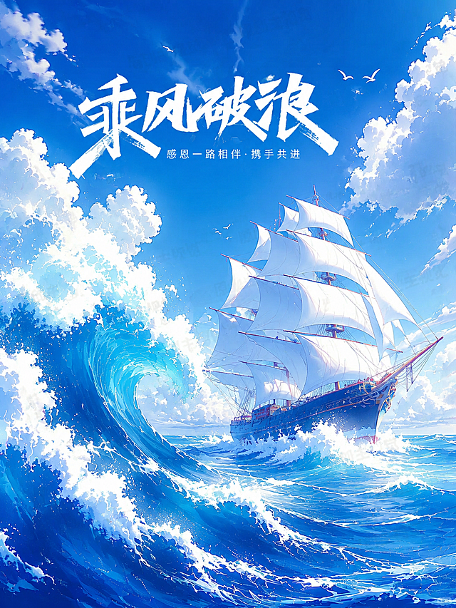 参考原图生成蓝色调海洋帆船乘风破浪主题画面，保留文字“乘风破浪 感恩一路相伴·携手共进”，动漫插画风格，包含海浪和白色帆船，天空蓝天白云
