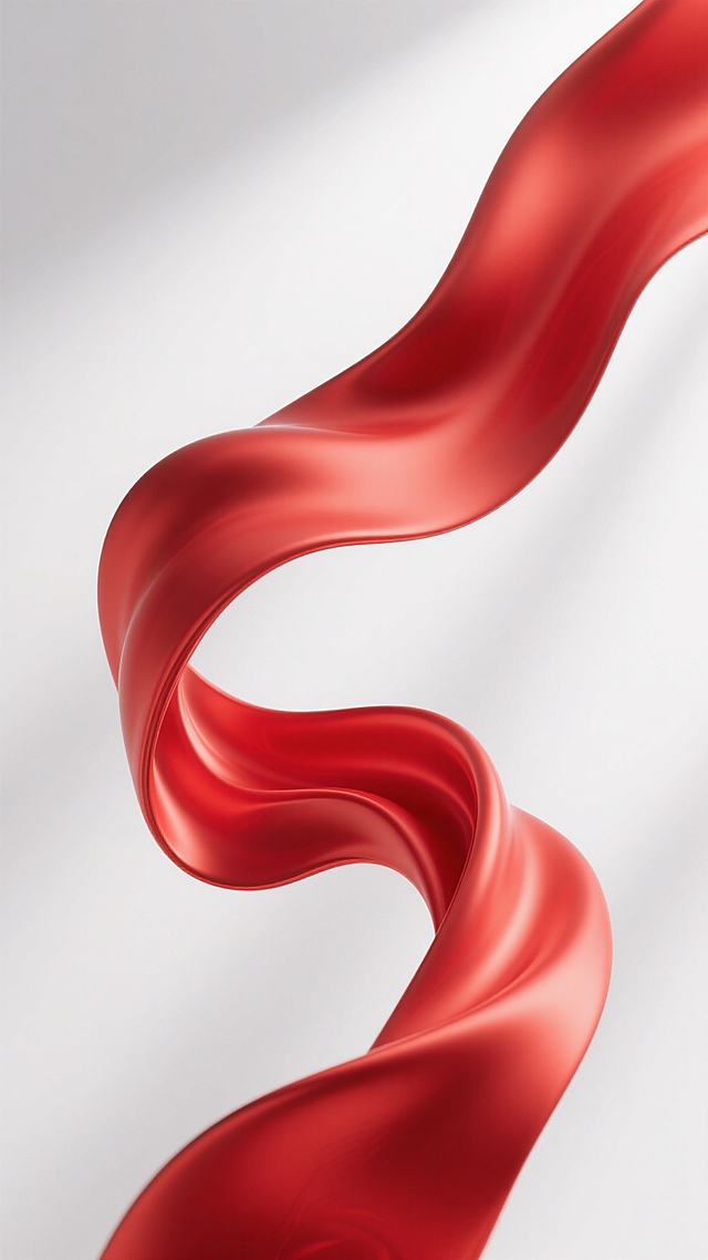 3D渲染的红色飘带，具有光滑细腻的丝绸质感，呈现出流畅飘逸、富有动感的全新波浪造型，整体造型优雅灵动，白色纯净背景，光线从左上方照射，飘带上有自然的高光和阴影过渡，色彩鲜艳饱满，立体感强，边缘清晰，细节精致。