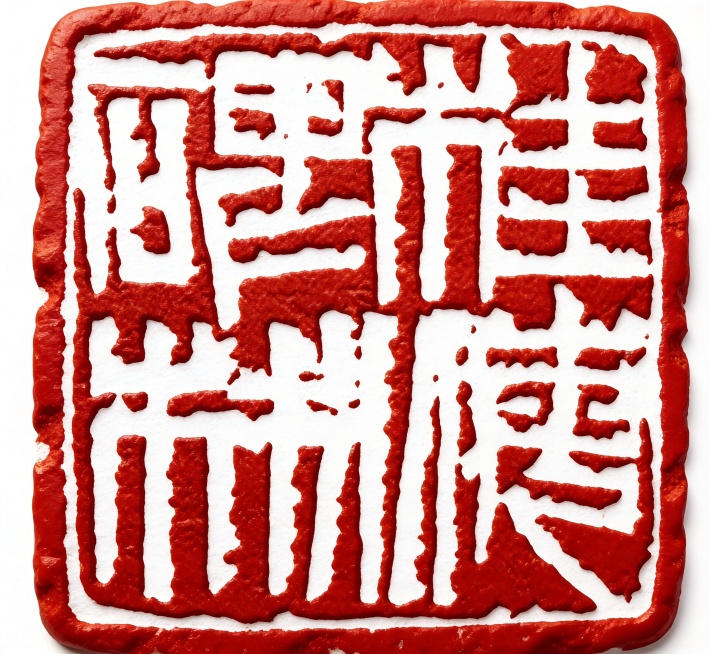 将原图转换为红色印章效果，保留原有篆书文字布局和印章边框，呈现传统中国红印泥质感，高清4K画质，适合印制画册预览效果