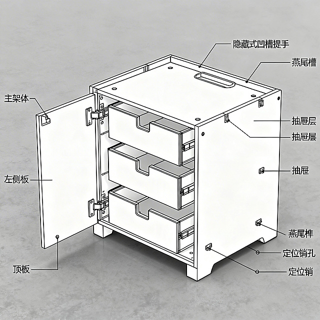一个模块化抽屉式人力资源用文件架单元的立体结构示意图，包含主架体，主架体有左侧板、右侧板、顶板、底板，内部有三个抽屉层，每个抽屉层安装抽屉，顶板有隐藏式凹槽提手，左侧板有燕尾槽，右侧板有燕尾榫，顶板有定位销孔，底板有定位销，工业设计风格，线条清晰，标注关键部件