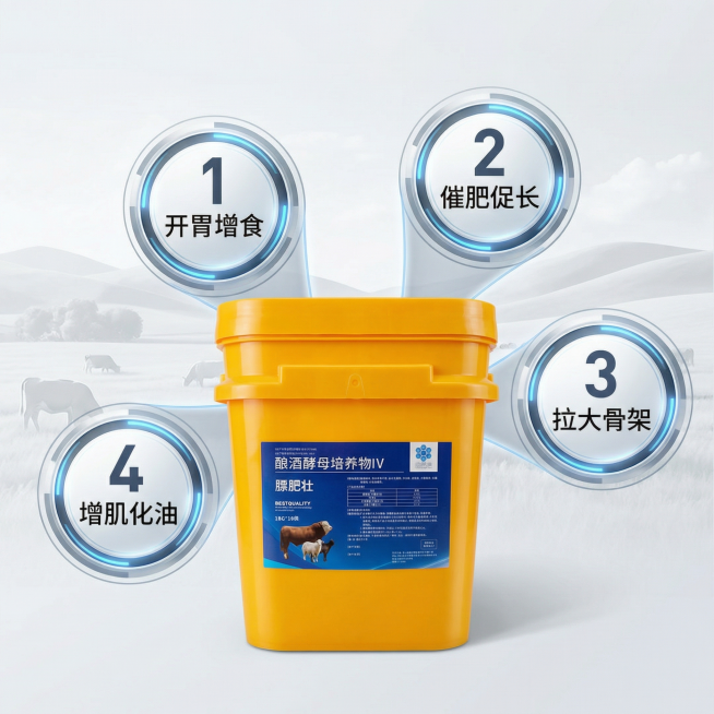 [主图 2 核心卖点] 膘肥壮牛羊饲料添加剂卖点解析图，保持简约专业风格，和首图统一。黄色桶装产品放置在画面中下方，用四个圆形科技感标签分别引出四个核心卖点，每个标签带有数字序号。文案分别为："1 开预览效果