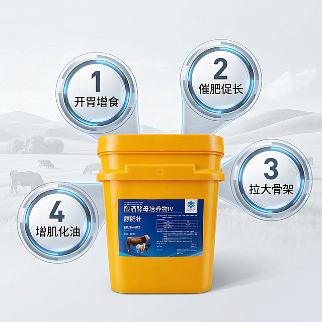 [主图 2 核心卖点] 膘肥壮牛羊饲料添加剂卖点解析图，保持简约专业风格，和首图统一。黄色桶装产品放置在画面中下方，用四个圆形科技感标签分别引出四个核心卖点，每个标签带有数字序号。文案分别为："1 开胃增食"、"2 催肥促长"、"3 拉大骨架"、"4 增肌化油"。背景为浅灰色简约畜牧场景，柔和光影，文字清晰不遮挡产品主体，数字字号大于卖点文字，形成对比层级。产品外观保持与原图一致。