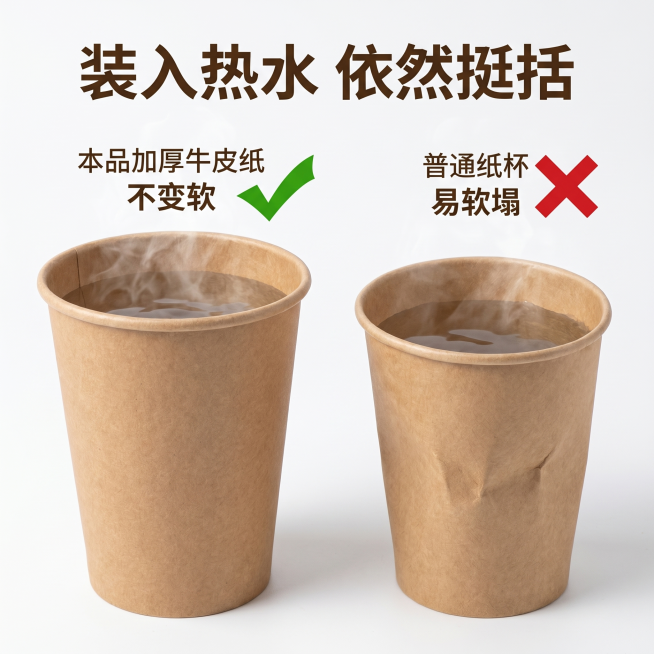 [主图 3] 耐热水不变形卖点展示。
[氛围风格] 简洁专业，突出性能；
[画质] 商业摄影质感、光线柔和通透、产品清晰真实、画面干净高级。
[元素] 牛皮纸杯装入热水后杯身依然挺立，对比旁边普通软塌预览效果