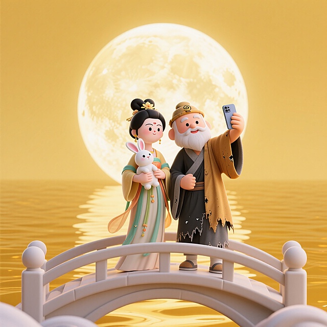 巨大的月亮悬挂在波光粼粼的金色水面中央，前景是嫦娥（手抱玉兔，仙女服装）和济公（穿黑灰色破僧衣，外披一件泛旧的土黄色袈裟，头戴破佛帽），拿着手机在一座桥上自拍（一起看镜头）。中心对称式构图，淡黄色调的天空背景，辉光效果