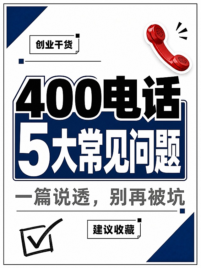 小红书笔记大字封面，纯大字，杂志海报干货风，版式精美，小红书笔记封面质感，适合信息流点击。主标题必须完整呈现且为画面视觉中心，逐字锁定：「400电话5大常见问题」。主标题字号占画面约50%视觉权重，清晰可读，不得增删改字。副标题：「一篇说透，别再被坑」。装饰短句角标：「创业干货」「建议收藏」。背景：白色纯色底，四周有细黑色边框，左上角和右下角有深蓝色几何色块点缀。标题排版：采用纯大字P08策略，黑色扁平粗黑体serif混排，层级分明，主标题加深蓝色色块底框，副标题为灰色小字。装饰：右上角1个电话听筒emoji小贴纸；左下角1个手绘对勾符号；禁止底部横排多个emoji。另加细横线和小方块装饰增加杂志感。整体氛围：职场干货、专业可信、清爽高级。画质：高清细腻，黑白蓝强对比，信息层级清晰，文字完整处于安全区内不可裁切，四周留安全边距。画面比例3:4。