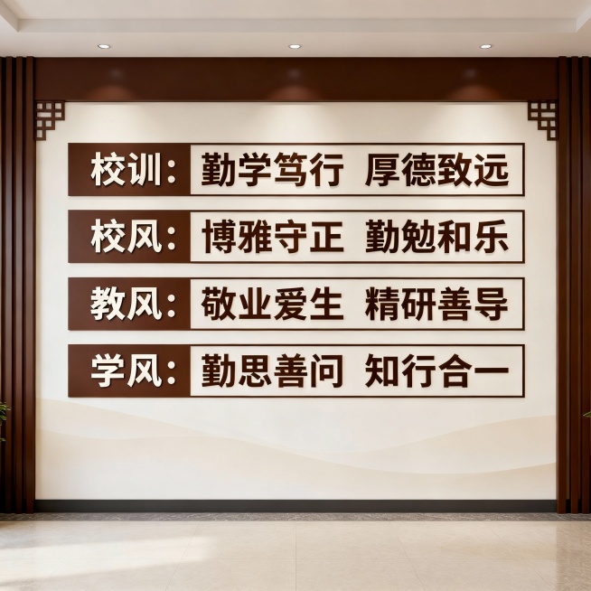 核心内容：

校训：勤学笃行 厚德致远

校风：博雅守正 勤勉和乐

教风：敬业爱生 精研善导

学风：勤思善问 知行合一
实施方式：

文化墙展示、主题活动融入、日常行为规范
视觉元素：校训墙效果图预览效果