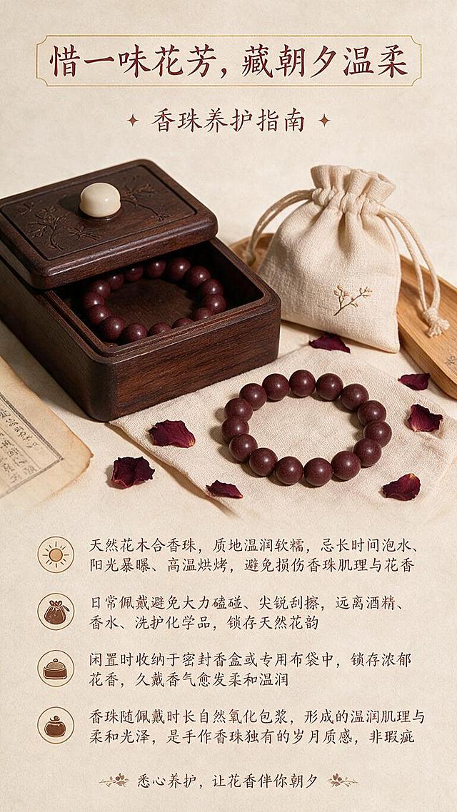 淘宝天猫电商详情页第九屏，9:16竖版，新中式雅致风格。画面展示香珠养护相关元素：密封香盒、棉布袋、柔软布料，合香珠手串置于其中，营造温柔惜物的氛围。暖米色背景，柔和光影。
板块标题文字："惜一味花芳，藏朝夕温柔"
香珠养护指南文字：
"天然花木合香珠，质地温润软糯，忌长时间泡水、阳光暴晒、高温烘烤，避免损伤香珠肌理与花香"
"日常佩戴避免大力磕碰、尖锐刮擦，远离酒精、香水、洗护化学品，锁住天然花韵"
"闲置时收纳于密封香盒或专用布袋中，锁存浓郁花香，久戴香气愈发柔和温润"
"香珠随佩戴时长自然氧化包浆，形成的温润肌理与柔和光泽，是手作香珠独有的岁月质感，非瑕疵"
排版采用图标+分点文字，清晰易读，温柔细腻的视觉调性。