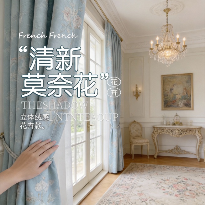 不改变窗帘的面料材质，切换不同的家装场景多角度多场景（不要太夸张，风格最好是法式风），改变角度，保留文字，一次多生成20张不同的主图预览效果