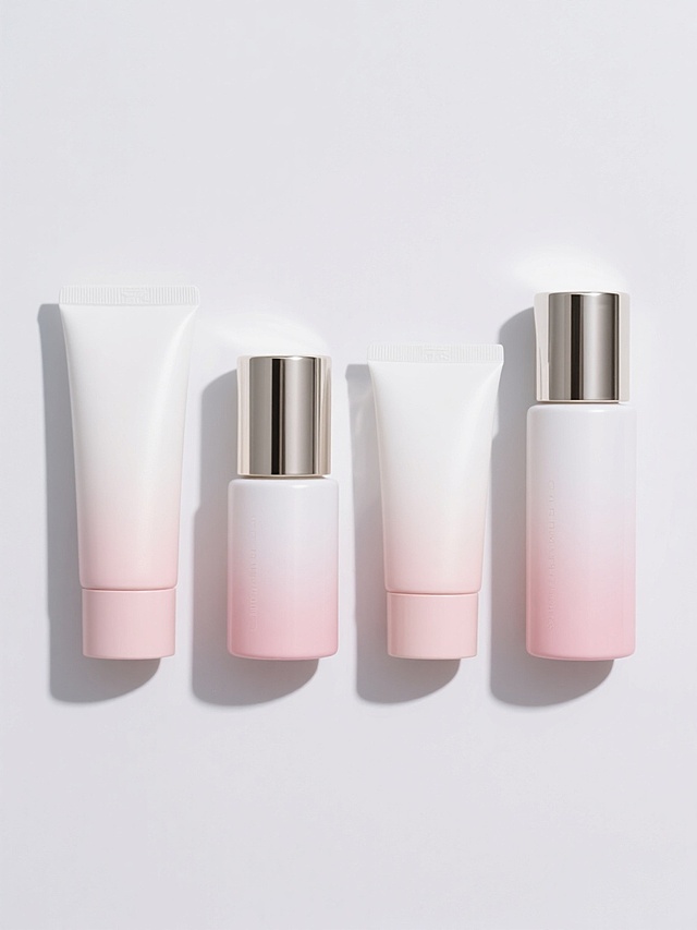 极简主义护肤品系列海报，纯白背景，四个不同护肤品容器呈规整矩形排布，每个容器采用渐变色彩设计，顶部为白色过渡到底部柔和粉色，金属质感瓶盖，高光泽度材质表现，精致细节刻画，现代简约风格，清晰展示产品形态，无任何文字和装饰元素，保持视觉统一性和高端感