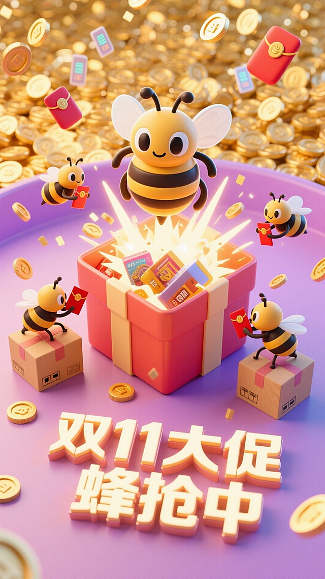 软3D风格卡通蜜蜂拟人化，环绕爆炸礼盒，金币红包飞舞，塑料质感粒子光效，营造喜庆促销氛围，双11主题鲜明。