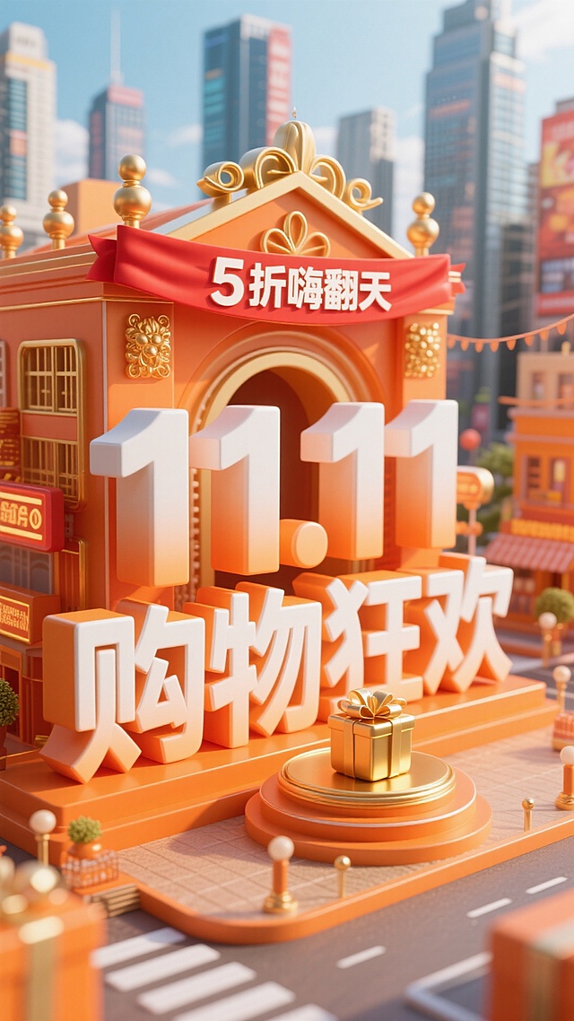 以暖橙色为主色调，前景是立体字组成的醒目建筑， “11.11购物狂欢” 立体大字（白与暖橙渐变，配金色装饰）及下方 “5 折嗨翻天” 红色横幅；中间有金色圆形装置（内有礼物）；背景是繁华都市