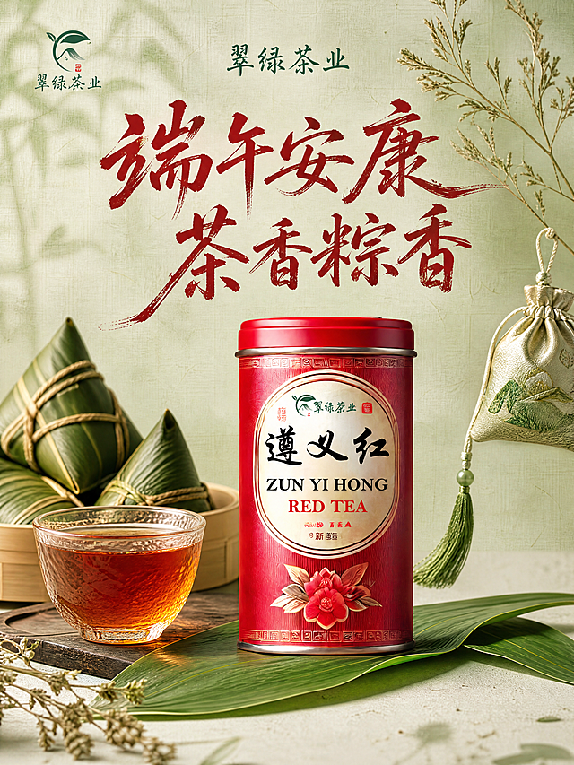[单张主图] 翠绿茶业遵义红红茶端午节礼盒电商主图，高级氛围感主图，适配抖音电商。
[画面主体] 画面主体包含遵义红红茶礼盒，礼盒主体外观颜色、品牌标识、文字信息与输入产品图保持绝对一致，杜绝任何变形和色差，精细化处理。搭配粽叶包裹的粽子，画面中央放置红亮通透的遵义红红茶茶汤特写，礼盒位于中下方偏下位置，主体完整，商品主体占比约50%。左上角安全区放置提取的翠绿茶业品牌Logo，保持字形、配色和比例不变，不遮挡主体。背景为淡绿色宣纸纹理，点缀干枯艾草枝、小巧刺绣香囊元素，无多余杂乱元素，整体干净高级。
[构图版式] 中轴诗意氛围型，顶部居中放置品牌名，产品居中偏下，主标题置于产品上方留白位置，整体浅淡留白，国风意境浓厚。
[场景元素] 淡绿色宣纸纹理背景，点缀艾草枝和小香囊，画面中央放置红亮通透茶汤特写，茶汤质感通透红亮，粽叶新鲜翠绿，搭配自然。
[文案版式] 顶部大字居中排版：“端午安康 茶香粽香”，书法字体，传统国风。配色柔和，文字不遮挡主体，清晰可读。
[光影质感] 自然柔和窗光，斜射光感，突出产品质感和茶汤通透度，茶汤有通透光泽，产品礼盒有自然反光和柔和投影，背景宣纸纹理有自然细节，整体景深适中，画面清晰高级，细节丰富。
[配色字体] 主色调淡绿色、端午红，搭配翠绿色，整体柔和雅致，低饱和国风配色；标题字体采用传统书法体，笔画自然有墨迹飞白质感，文字配色采用深红色，与淡绿色背景形成清晰对比。
[比例分辨率] 3:4 比例，4K分辨率，文字清晰可辨，超高清细节。
[负向提示词] 变形，水印，文字错乱，产品图模糊，背景杂乱，Logo变形，遮挡主体，文字不清晰，颜色偏差