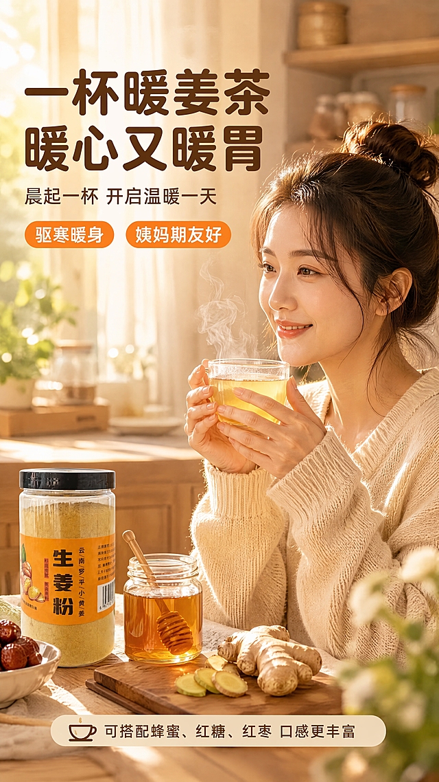 [第5张] 详情页模特展示-女性手持姜茶暖饮生活方式场景。本张使用【图1】生姜粉罐作为背景辅助产品。
[氛围/风格] 温馨治愈生活感，晨光厨房场景，亚洲年轻女性，暖调柔光，生活方式摄影质感。
[元素布局] 画面中部偏右：一位25-30岁亚洲女性，居家休闲装扮（米白毛衣），侧脸微笑，双手捧一杯冒着热气的姜茶玻璃杯，贴近胸口取暖，肩部以上入镜；画面左侧背景：木质餐桌上摆放着生姜粉玻璃罐（与【图1】包装一致）、蜂蜜罐、新鲜姜片；背景为虚化的白色厨房窗帘与暖光；≥3层环境元素。
[光影质感] 左侧晨光侧照，暖金色光线打在人物发丝与杯沿，蒸汽轻盈通透，人物皮肤自然通透，整体温暖柔和。
[配色色系] 全局底色 #FFF3E0（暖米杏）；主色暖橙 #FF8A3D；辅助色米白 #FAFAFA、木棕 #8D6E63；字色深棕 #4E342E。
[视角构图] 人物偏右三分位，正面微侧，阅读动线左上标题→人物捧杯→左侧产品。
[文字版式] 左上标题区：主标题「一杯暖姜茶 暖心又暖胃」，温润圆角黑体深棕色；副标题「晨起一杯 开启温暖一天」，同色系小字；标题下方2个胶囊卖点：「驱寒暖身」「姨妈期友好」，橙底白字；底部横排小字「可搭配蜂蜜、红糖、红枣 口感更丰富」；文字不遮挡人物面部。
[比例分辨率] 9:16竖版，4K分辨率，文字清晰可读，高清画质。
[负向提示词] 人物面部变形，产品罐变形，标签错乱，水印，文字过小，颜色偏差，人物表情怪异，背景杂乱。