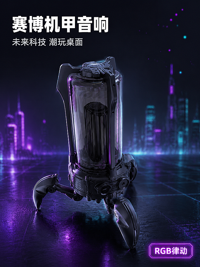 [主图-1] 赛博蓝牙音响首图 赛博机甲外观核心识别。
[氛围风格] 赛博朋克科技风 深色高级质感 霓虹光效点缀 专业电商主图。
[画质] 商业摄影质感 光线通透锐利 产品清晰真实 画面干净高级 超高清细节。
[元素] 赛博蓝牙音响居中偏左放置 三足机甲支架稳稳支撑 透明腔体清晰可见内部结构 整体呈45度斜侧视角 产品完整不裁切。背景为深灰到黑色的渐变科技感背景 底部有微弱的霓虹紫光反射地面 背景远处有模糊的赛博城市建筑轮廓线和网格线 营造未来科技氛围。画面右上角有少量紫色和青色的霓虹光效粒子飘散 不抢主体。保持赛博蓝牙音响外观 即物理结构 材质质感 颜色 三足支架 透明腔体 顶部提手 与输入产品图保持绝对一致 杜绝任何变形和色差 精细化处理。商品主体占比约65%。
[光影] 主光从左上方45度打下 形成硬朗的科技感高光 突出金属机甲质感和透明腔体的通透感 辅光从右下方补光 减弱暗部死黑 底部有柔和的接触阴影 产品边缘有微弱的紫色轮廓光 增强赛博氛围 光影层次丰富 质感强烈。
[配色] 主色深黑灰 辅色机甲哑光黑 强调色霓虹紫 霓虹青。
[视角构图] 45度斜侧平视 产品为绝对视觉中心 前中后景分层 景深中等 背景虚化突出主体。
[文字版式] 左上负空间左对齐 两行主辅文案。大字主标题"赛博机甲音响" 白色最大号粗体无衬线字 辅助副标题"未来科技 潮玩桌面" 约半高 浅灰色 同字体。右下角落有小型霓虹发光标签"RGB律动" 紫底白字 圆角矩形。文字全部放在负空间 不遮挡产品主体。
[输出要求] 3:4比例 文字清晰锐利 超高清商业摄影质感。
[负向提示词] 变形 文字错乱 产品图模糊 背景杂乱 水印 电商平台Logo 多余的手 多余的手指 畸形手。
