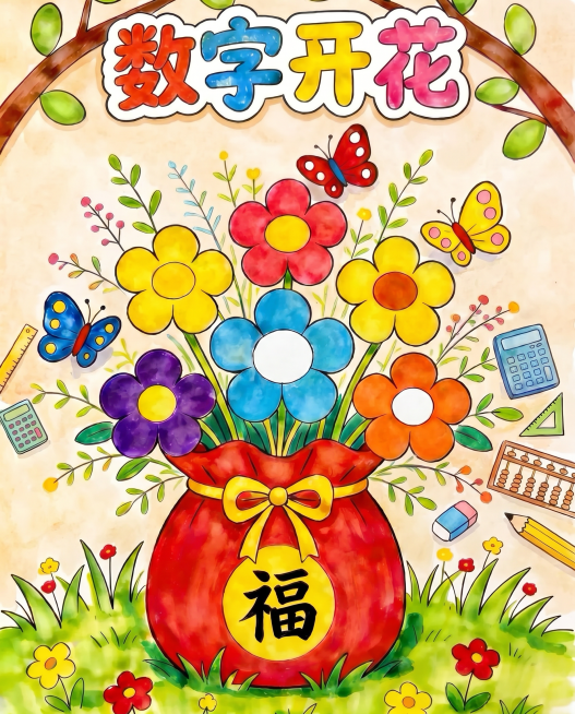 生成小学一年级数字开花手抄报模板，保留标题'数字开花'、福袋、花枝、蝴蝶、周围的花草和文具装饰，删除四个区域'数学小知识'、'趣味题'、'口诀表'、'数学游戏'，同时删除所有花朵花瓣和花心上的所有数字预览效果