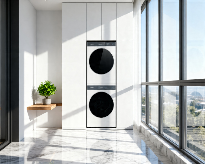 A hyper-realistic interior photography of a modern minimalist balcony. The Panasonic washer and drye预览效果