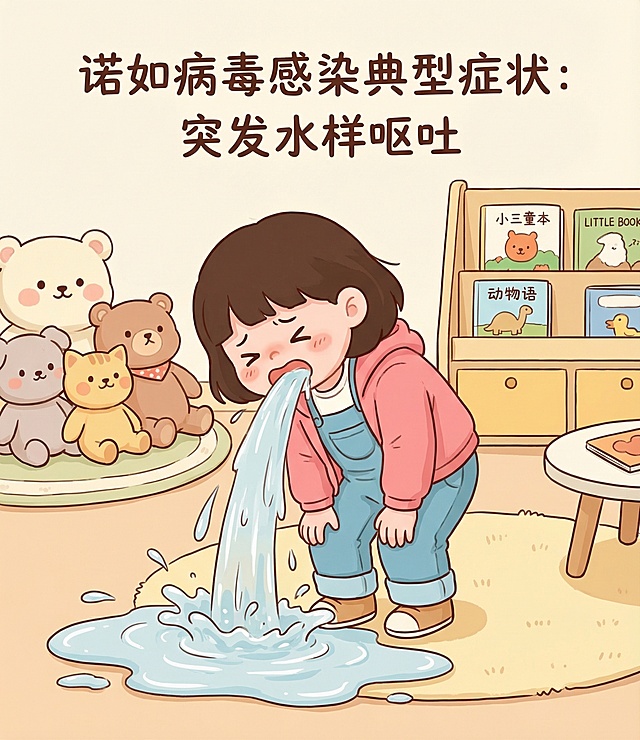 诺如病毒感染典型症状，突发水样呕吐，儿童突然发作急促呕吐，呕吐物呈清水样，保持参考图的卡通可爱手绘插画风格，温暖柔和色调，丰富背景，科普医疗插图