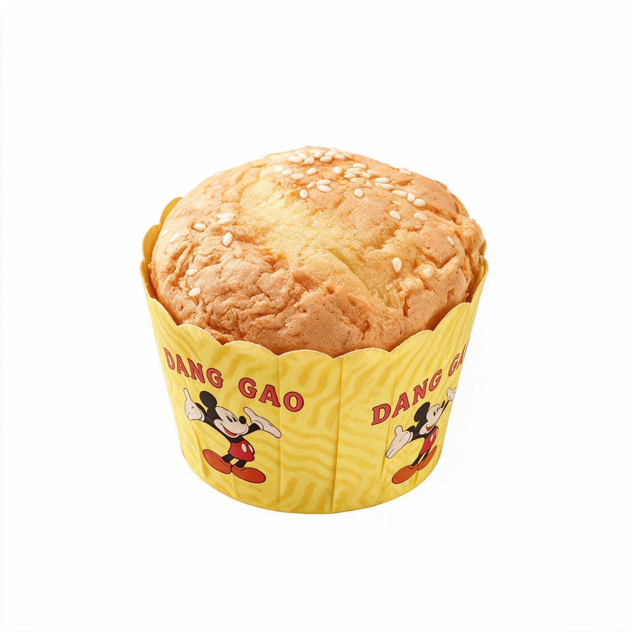 单个纸杯蛋糕白底产品图，蛋糕呈金黄色，表面撒有白芝麻粒，顶部蓬… - 图片创意预览