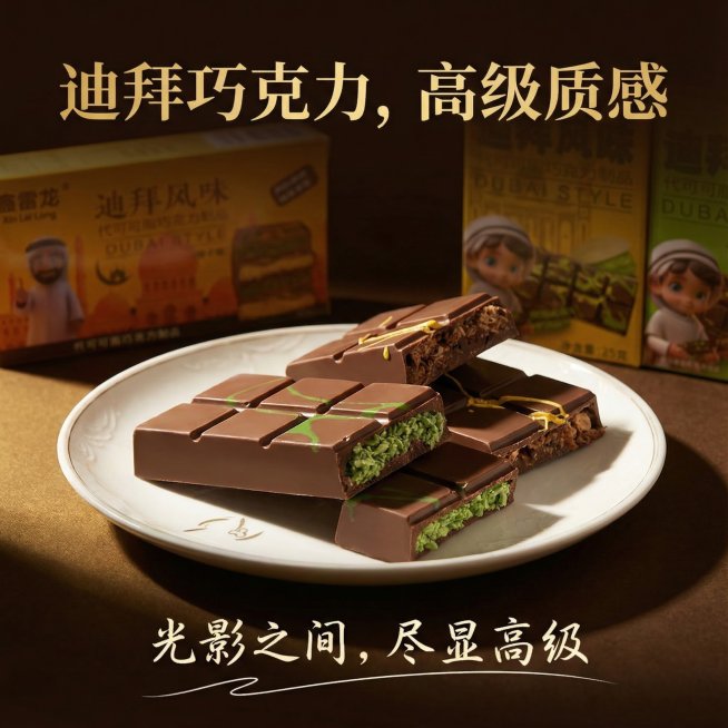 这张图片是产品主体这款产品是迪拜巧克力， 产品克重分别是45克和25克，口味有榛子味和开心果味    我需要设计20张主图在拼多多上面售卖 主图场景布局能用到的多场景元素布局显得高级一些      场预览效果