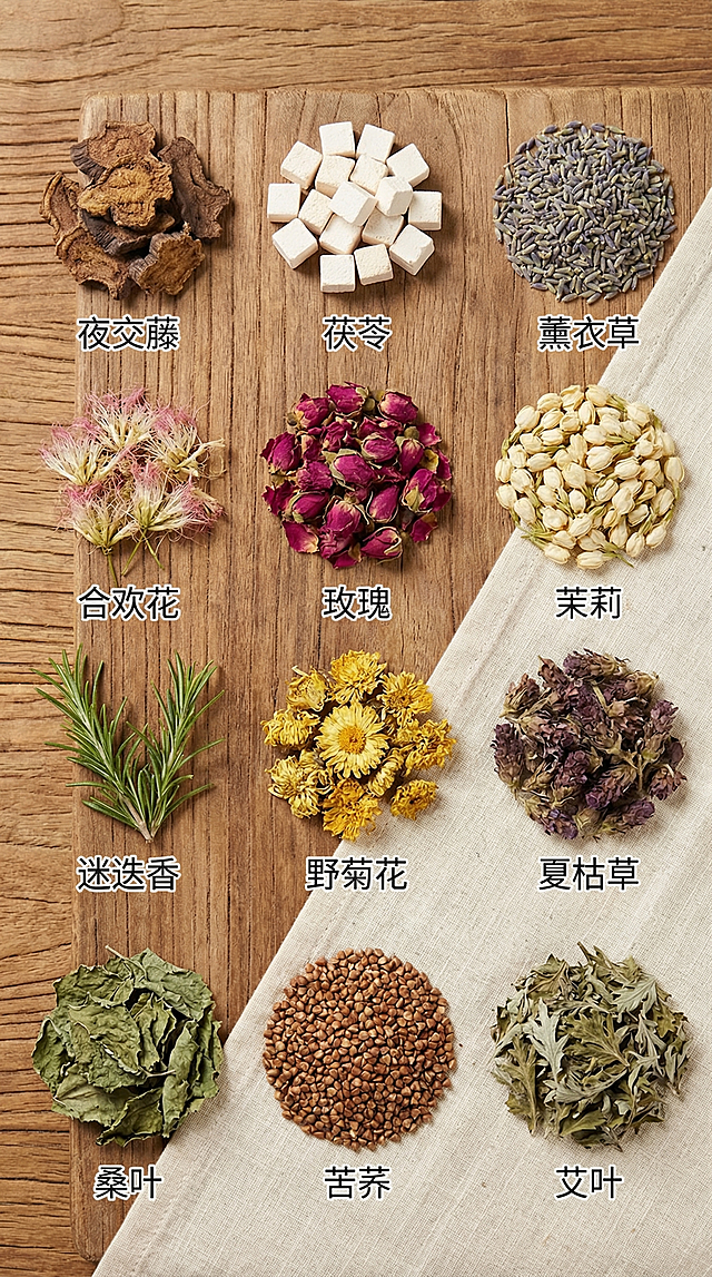 展示中草药枕头内部填充的十二味中草药：夜交藤，茯苓，薰衣草，合欢花，玫瑰，茉莉，迷迭香，野菊花，夏枯草，桑叶，苦荞，艾叶，清晰展示各类草药，体现天然原料，健康养生风格，适配抖音9:16竖屏
