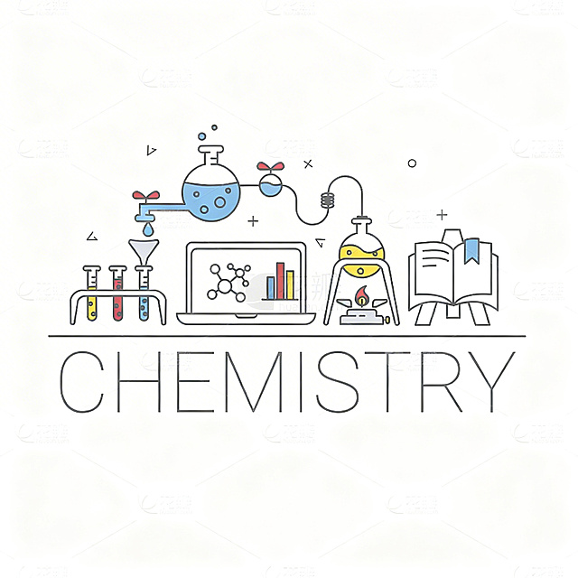 生成与参考图完全相同的化学主题线条插画，包含化学实验装置、笔记本、试管、带有分子结构和图表的笔记本电脑，底部有大写的CHEMISTRY文字，白色背景，线条简约风格，去除所有水印，保持画面所有元素和布局完全一致