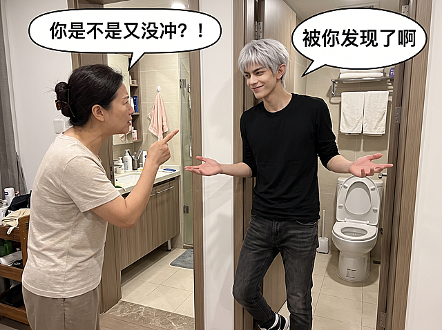 参考图中年轻亚裔痞帅阳光风格男生，保留人物外貌和黑色上衣、牛仔裤、黑白运动鞋的服装，不延续原图表情，银白蓬松分层短发两侧稍短，尖小耳，精密五官极佳皮骨相，面部折叠感高，瘦脸淡妆，锐利感、紧凑比例、暗黑痞气，眼睛稍大一点，高双商外倾型外傲内在温柔的气质。场景：现代家庭卫生间，男生上完厕所故意不冲，偷偷溜出来被家人抓个正着，他一脸得逞的坏笑，家人无奈又生气地指着他，画面有中文对话气泡，家人说“你是不是又没冲？！”，男生摊手说“被你发现了啊”，自然真实视觉风格，构图严格遵循现实物理，人物行为表情符合场景逻辑，家庭互动场景，真实生活感，4:3比例