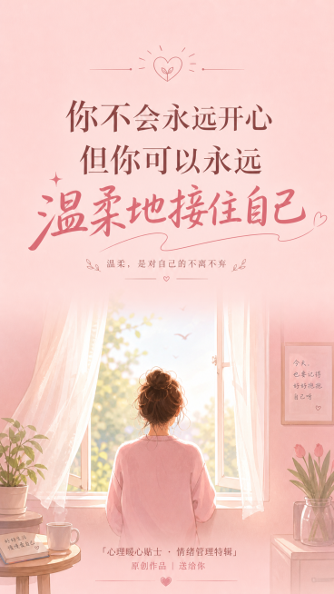 手机竖屏海报，暖粉色纯色背景，插画是一个人对着窗外深呼吸的背影，中间大标题“你不会永远开心 但你可以永远 温柔地接住自己”，底部落款“心理暖心贴士 · 情绪管理特辑 原创作品 | 送给你”，整体治愈温预览效果