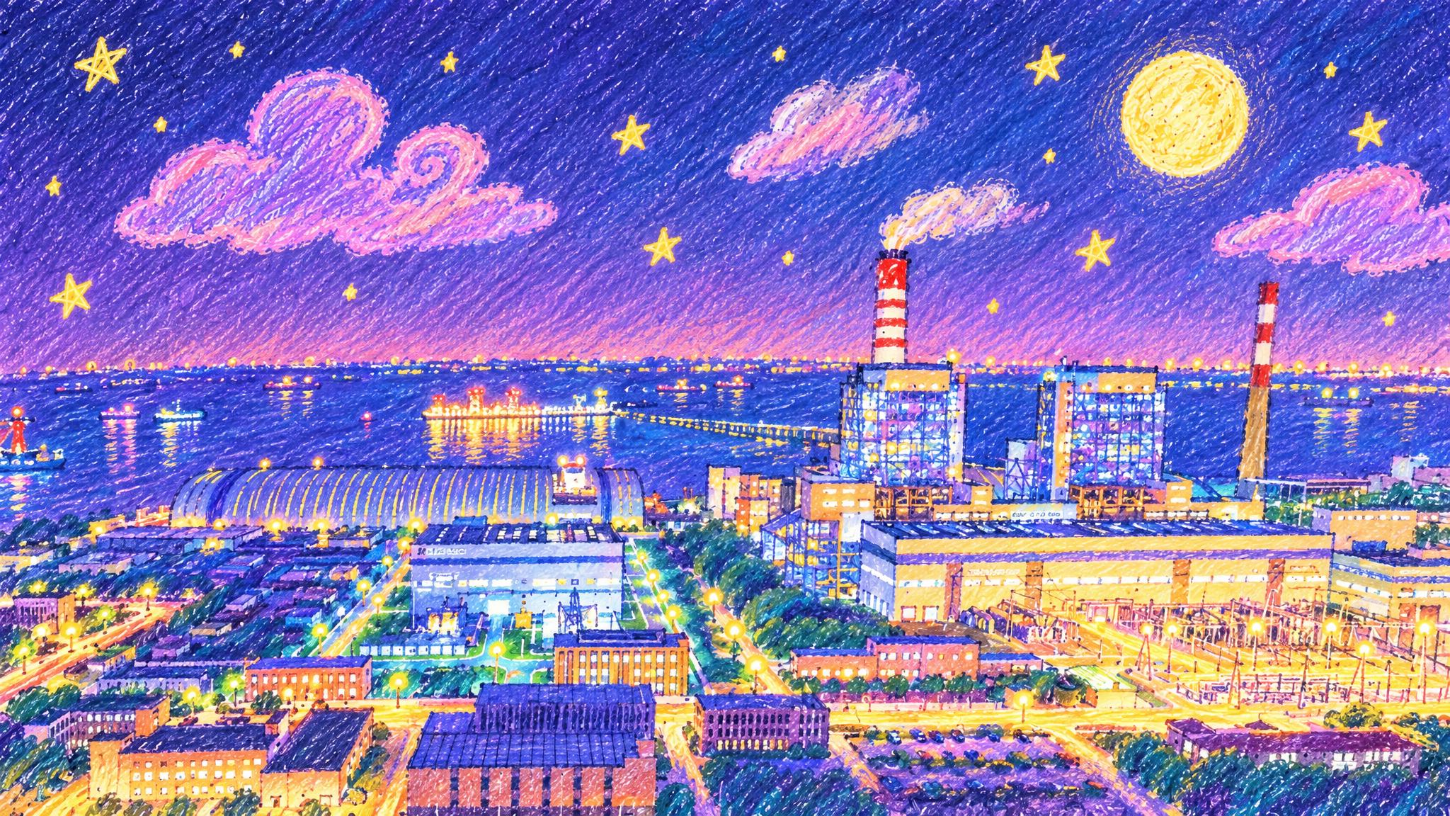 将这张红白烟囱电厂夜景照片转换为蜡笔手绘风格，背景天空为紫蓝色… - 图片创意预览