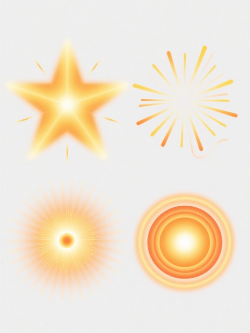 纯白纯色背景上，以数字艺术风格呈现的四个完全不同造型的放射光元素系列素材集合，规整排布。每个放射光元素均保持明亮的黄色至橙色渐变色调，具有柔和的边缘模糊效果和中心明亮向外逐渐淡化的光影过渡。第一个元素为经典对称星形光芒，线条均匀分布呈放射状；第二个元素为不规则长短射线组合，部分射线带有轻微弯曲弧度；第三个元素为中心凝聚成圆点向外发散的细密光线束，呈现蓬松感；第四个元素为多层嵌套的放射状光带，每……预览效果