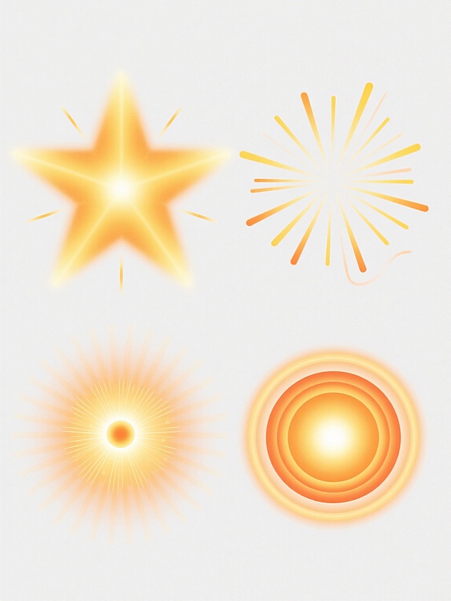 纯白纯色背景上，以数字艺术风格呈现的四个完全不同造型的放射光元素系列素材集合，规整排布。每个放射光元素均保持明亮的黄色至橙色渐变色调，具有柔和的边缘模糊效果和中心明亮向外逐渐淡化的光影过渡。第一个元素为经典对称星形光芒，线条均匀分布呈放射状；第二个元素为不规则长短射线组合，部分射线带有轻微弯曲弧度；第三个元素为中心凝聚成圆点向外发散的细密光线束，呈现蓬松感；第四个元素为多层嵌套的放射状光带，每层光带颜色深浅略有差异，形成层次感。所有元素均保持统一的光感质感与柔和通透的视觉效果，整体布局整齐有序，展现出协调一致的设计风格。