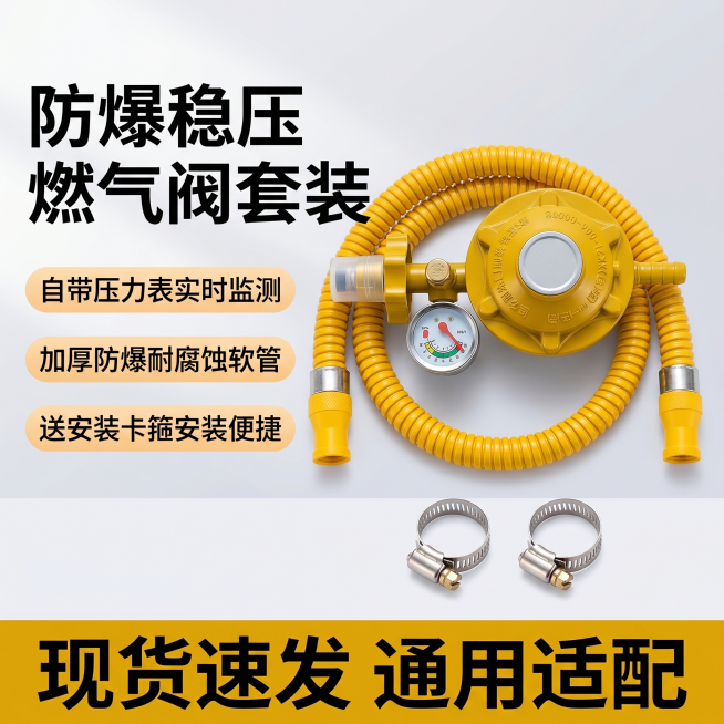 [单张主图] 家用燃气减压阀带压力表连接管套装 爆款促销感主图；目标是用户一眼看清商品是什么、核心卖点是什么，完成点击转化。
[参考比对] 用户仅提供产品实拍图，无参考主图，按单张爆款策略创作。
[画预览效果