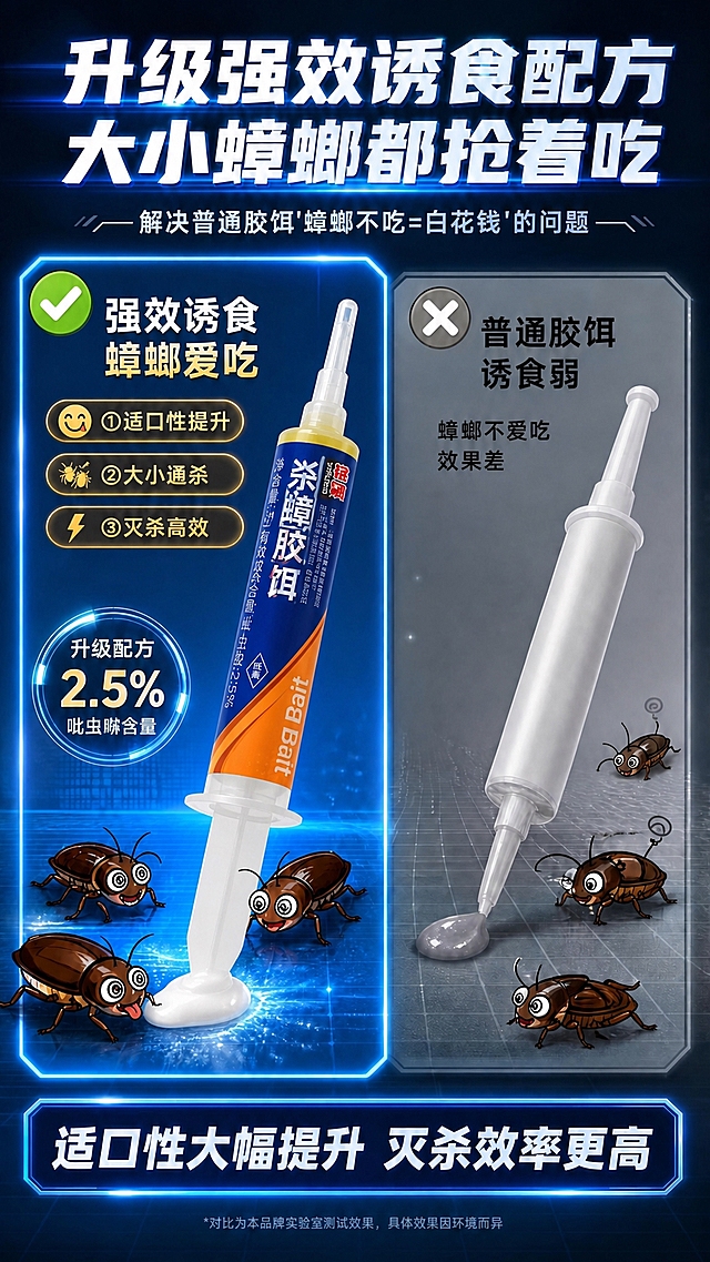 保持这张图的整体布局、文字内容、深蓝色科技背景、蟑螂形象和所有设计元素完全不变，仅修正左侧杀蟑胶饵针管产品的外观：严格按照真实产品的样子，针管标签为深蓝色配橙色波浪装饰，标签上有竖排的'杀蟑胶饵'白色大字、'晔康'红色品牌标识、'Gel Bait'白色英文字样、'低毒'菱形标识，针管上部为透明黄色胶饵，下部为白色推杆，产品比例和形状与真实产品完全一致，标签文字方向和细节准确还原
