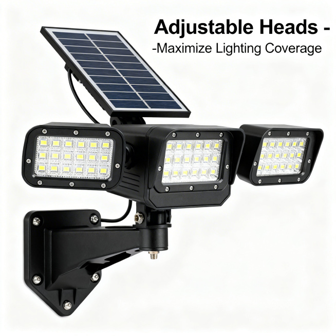 Amazon product detail image, solar three-head LED security light showing three lamp heads adjusted t预览效果