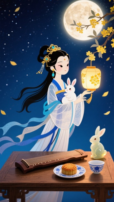 Q版古风女子着蓝白汉服，饰金玉发饰与蓝玉耳坠，长发飘，怀白兔、持暖黄花纹花灯。下有木桌，置古筝、桂花月饼瓷盘、蓝白茶杯及发光玉兔摆件。深蓝星空悬带光晕满月，桂枝黄花飘落，深蓝暖黄调，酿中秋温馨浪漫。预览效果