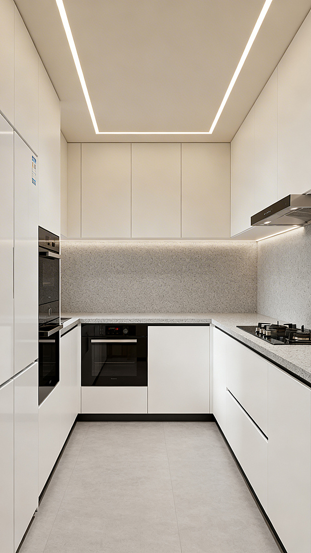 生成现代简约风格封闭中厨空间，封闭式设计隔绝油烟，整体收纳充足，布局规整实用，干净明亮现代橱柜设计