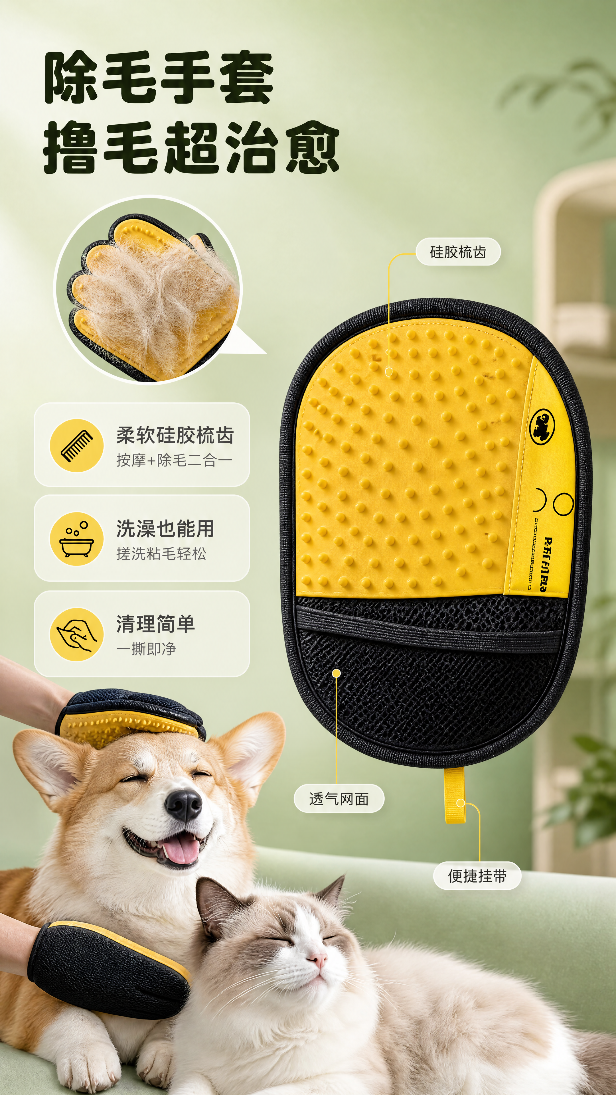 [商品] 使用【图2】除毛手套产品；保留黑色网面主体、黄色侧边… - 图片创意预览