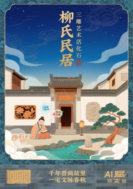 顶部20%：靛蓝星空背景配祥云纹边框，中央竖排鎏金标题“柳氏民居”，右侧竖写“三雕艺术活化石”，左下角盖朱红“耕读传家”印章。
 
中部60%：中轴透视绘民居全景（青砖灰瓦、雕花门楼），两侧对称分布：预览效果