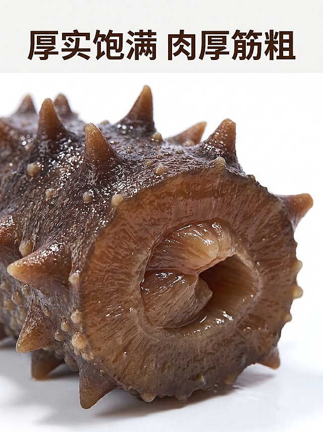 [主图-2] 即食海参细节切面特写主图。原海参保持深褐棕褐色外观，肉刺挺拔粗壮，展示纵切后的饱满厚实内肉，切面肉质细腻Q弹，纹理清晰，突出海参肥厚筋道品质。纯白背景干净无杂质，微距细节纹理清晰，自然柔和光线突出通透光泽，商品主体占比约75%。文字版式：上方大字标注：厚实饱满 肉厚筋粗，深棕文字，浅底深字对比清晰。3:4比例，2k分辨率，超高清。负向提示词：变形，水印，文字错乱，海参模糊，背景杂乱，遮挡主体。