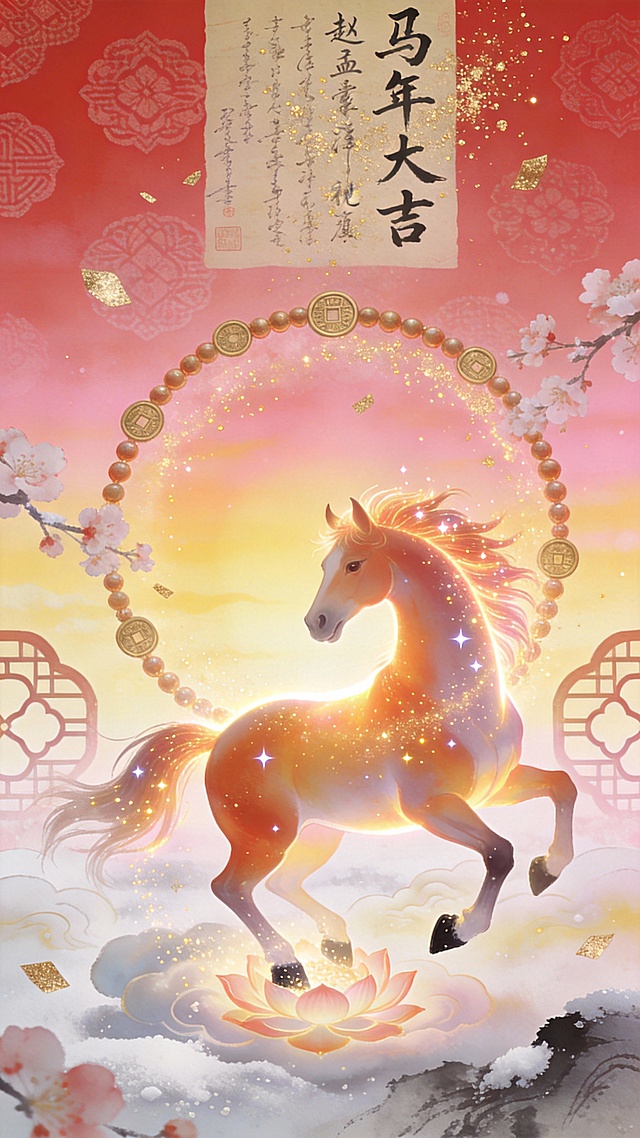 国潮风插画，鎏金马踏莲花，光影流转，粒子飞舞，水墨云海衬托梦幻喜庆，中式元素与优雅姿态交织，寓意马年大吉。