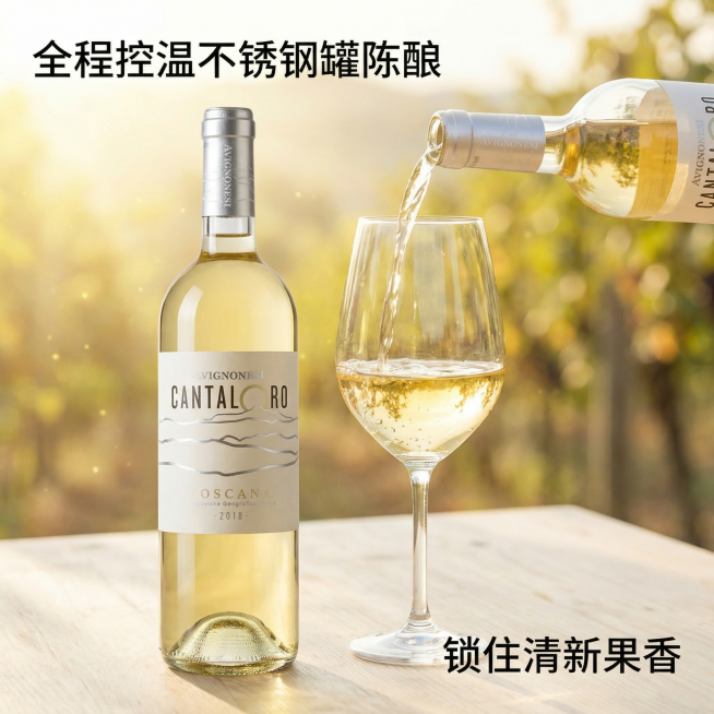 [主图4 陈酿工艺] 爱唯侬堡卡洛白葡萄酒，保持酒瓶外观和原图一致，画面展示开瓶后倒入酒杯的场景，杯中葡萄酒淡金黄透亮，还原夏日果园清新果香的氛围，酒瓶和酒杯共同放置在浅色木质桌面，背景是柔和的日光光预览效果