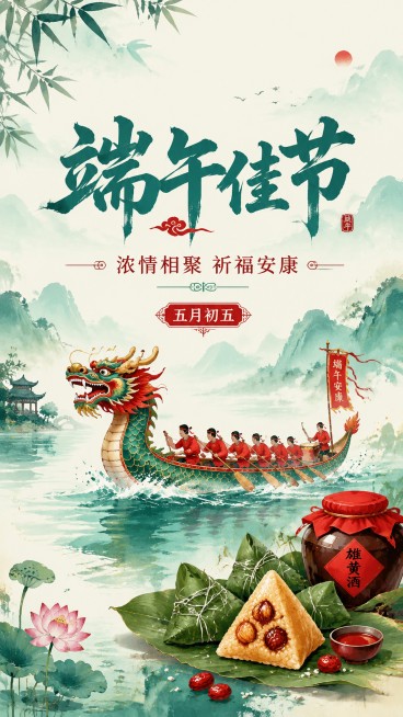 国风中式风格端午节海报，画面主标题为“端午佳节”，副标题为“浓情相聚 祈福安康”，装饰文字为“五月初五”，加入传统龙舟、粽叶、粽子等端午元素，整体色调为青绿+朱红传统国风配色，版式精美，背景采用渐变水预览效果
