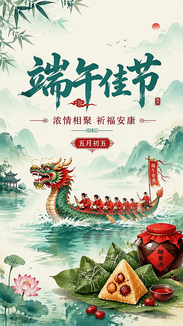 国风中式风格端午节海报，画面主标题为“端午佳节”，副标题为“浓情相聚 祈福安康”，装饰文字为“五月初五”，加入传统龙舟、粽叶、粽子等端午元素，整体色调为青绿+朱红传统国风配色，版式精美，背景采用渐变水墨风，留出适当留白，层次清晰，节日氛围浓厚，核心目标为活动告知，画面比例9:16