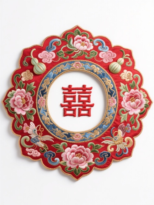 清朝常用云肩款式，中心为红色“喜”字刺绣，周围环绕细腻云纹、葫芦、蝙蝠、牡丹、卷草纹传统纹样，高饱和度红色、粉色、绿色、青花蓝色与金色丝线交织，刺绣质感细腻，丝线光泽感强，针脚立体感清晰可见，所有元素预览效果