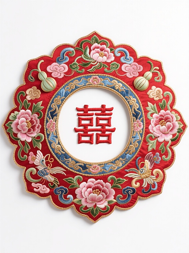清朝常用云肩款式，中心为红色“喜”字刺绣，周围环绕细腻云纹、葫芦、蝙蝠、牡丹、卷草纹传统纹样，高饱和度红色、粉色、绿色、青花蓝色与金色丝线交织，刺绣质感细腻，丝线光泽感强，针脚立体感清晰可见，所有元素规整排布在纯白色背景上，整体构图平衡对称，展现精致典雅的东方美学韵味