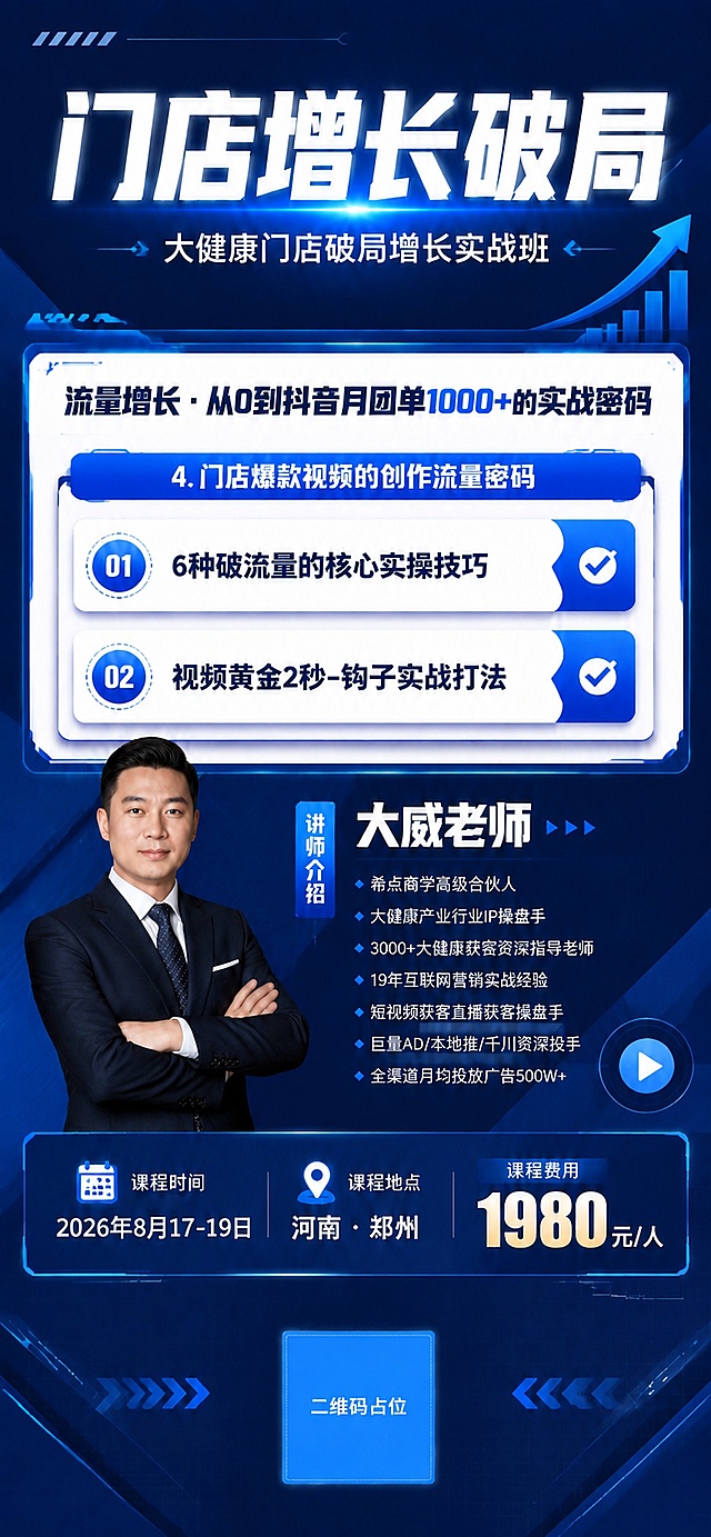 将海报底部的二维码占位方块缩小为原来的约一半大小，放在底部居中位置，保持蓝色方块样式和"二维码占位"文字。其余所有内容（主标题、副标题、学习内容模块、讲师介绍、课程时间地点价格、背景风格、人物形象）保持完全不变，整体布局和配色不变。二维码缩小后底部留出更多空间，整体画面比例不变。