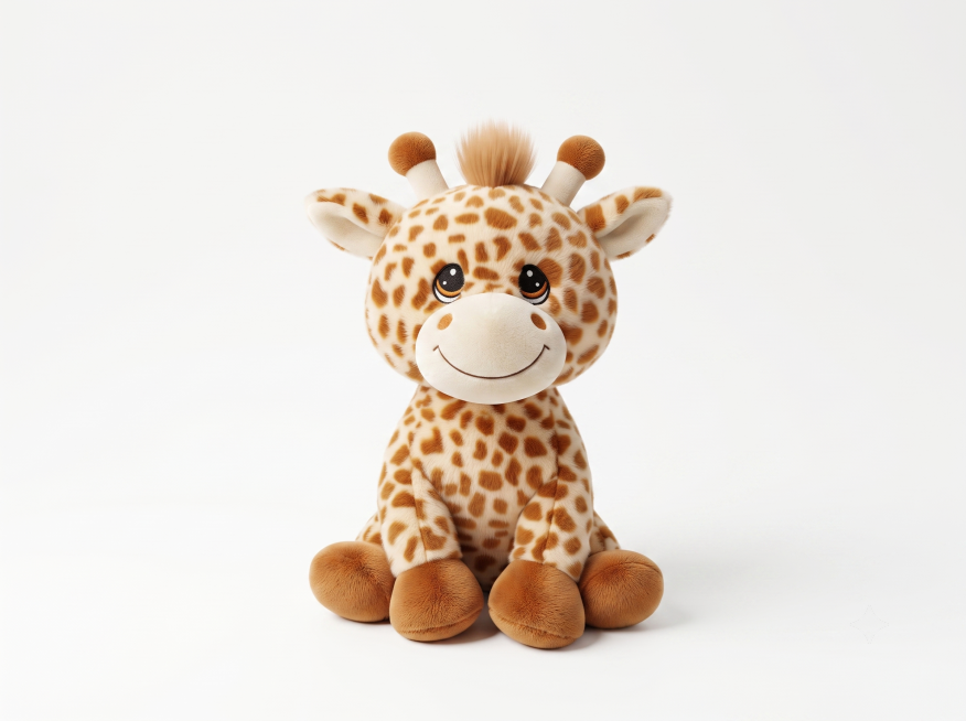 将这只长颈鹿玩偶的毛发变得极其顺滑蓬松且根根分明，消除所有毛躁和结块；添加侧面来的柔和自然光，让玩偶表面产生细腻的哑光质感；把背景处理为干净的纯白色影棚背景，整体光影过渡极其自然柔和，呈现高级商业产品预览效果